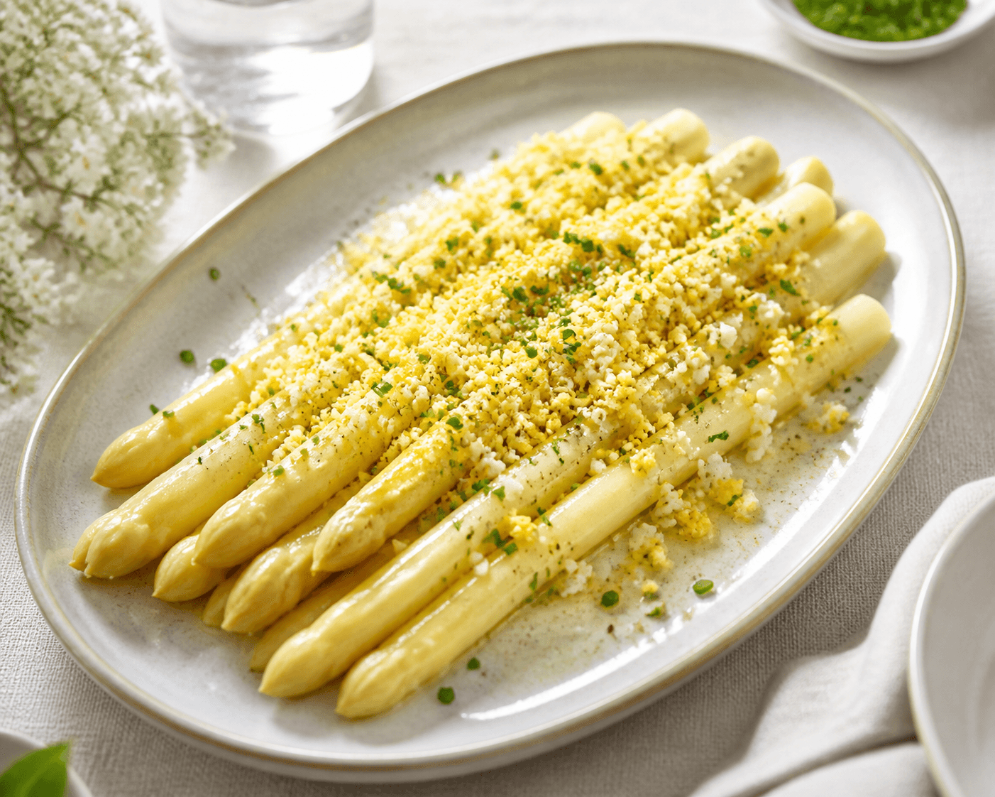 Asperges blanches mimosa à la ciboulette, plat terminé présenté naturellement