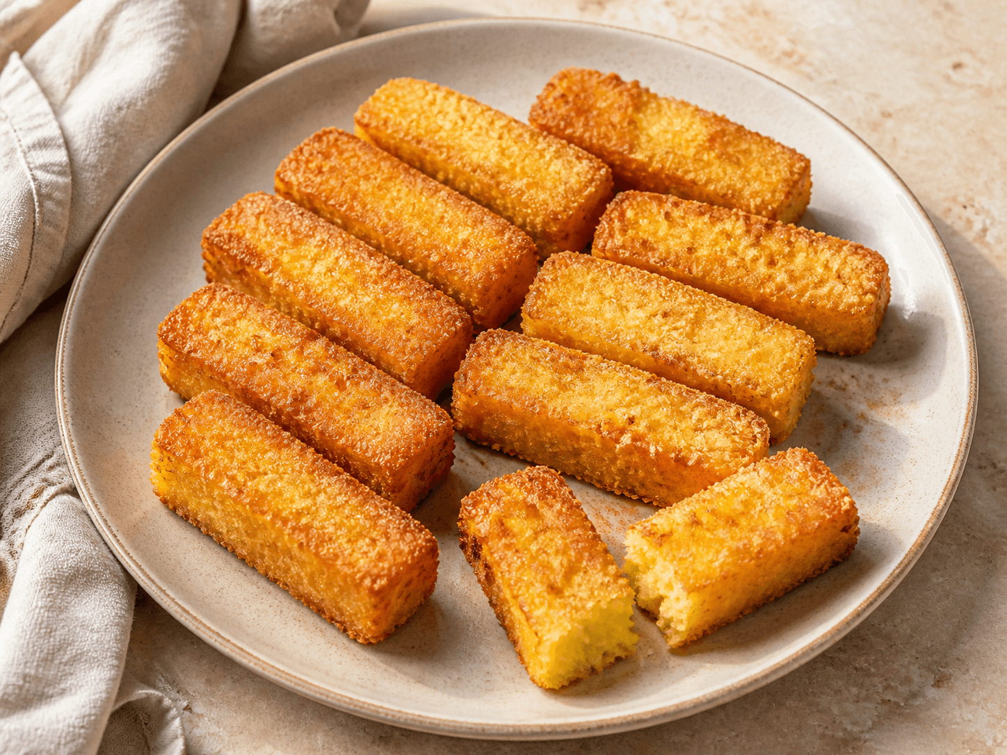 Bâtonnets de polenta au parmesan à l'air fryer, plat terminé présenté naturellement