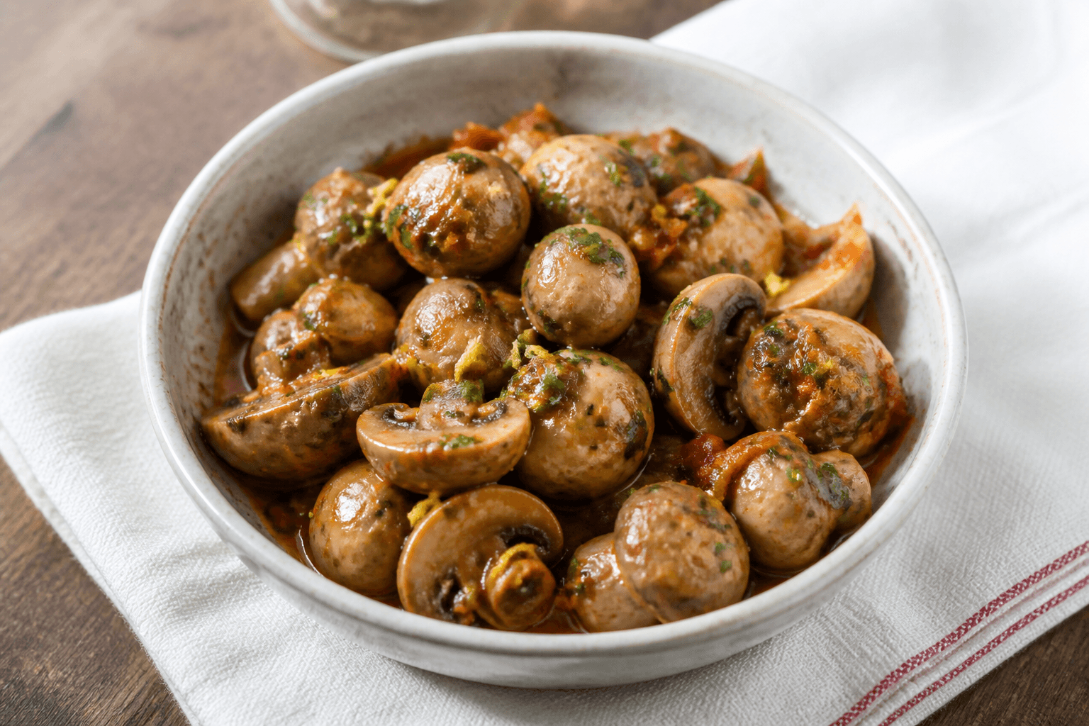 Champignons à la grecque, citron et coriandre, plat terminé présenté naturellement