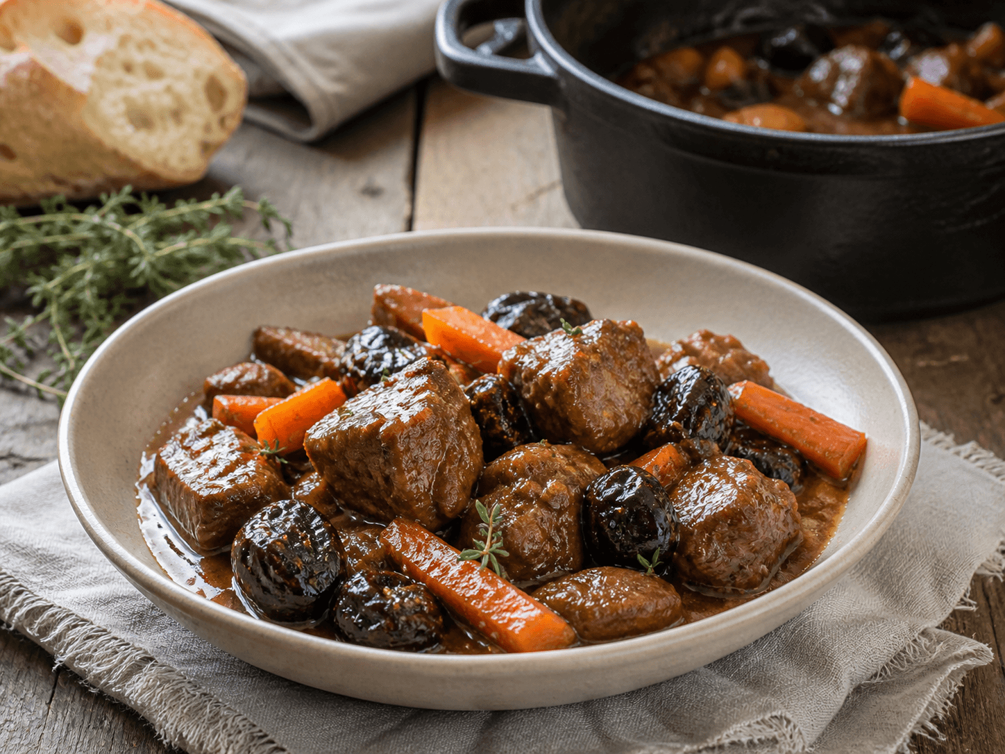 Cocotte de porc aux pruneaux et carottes, plat terminé présenté naturellement