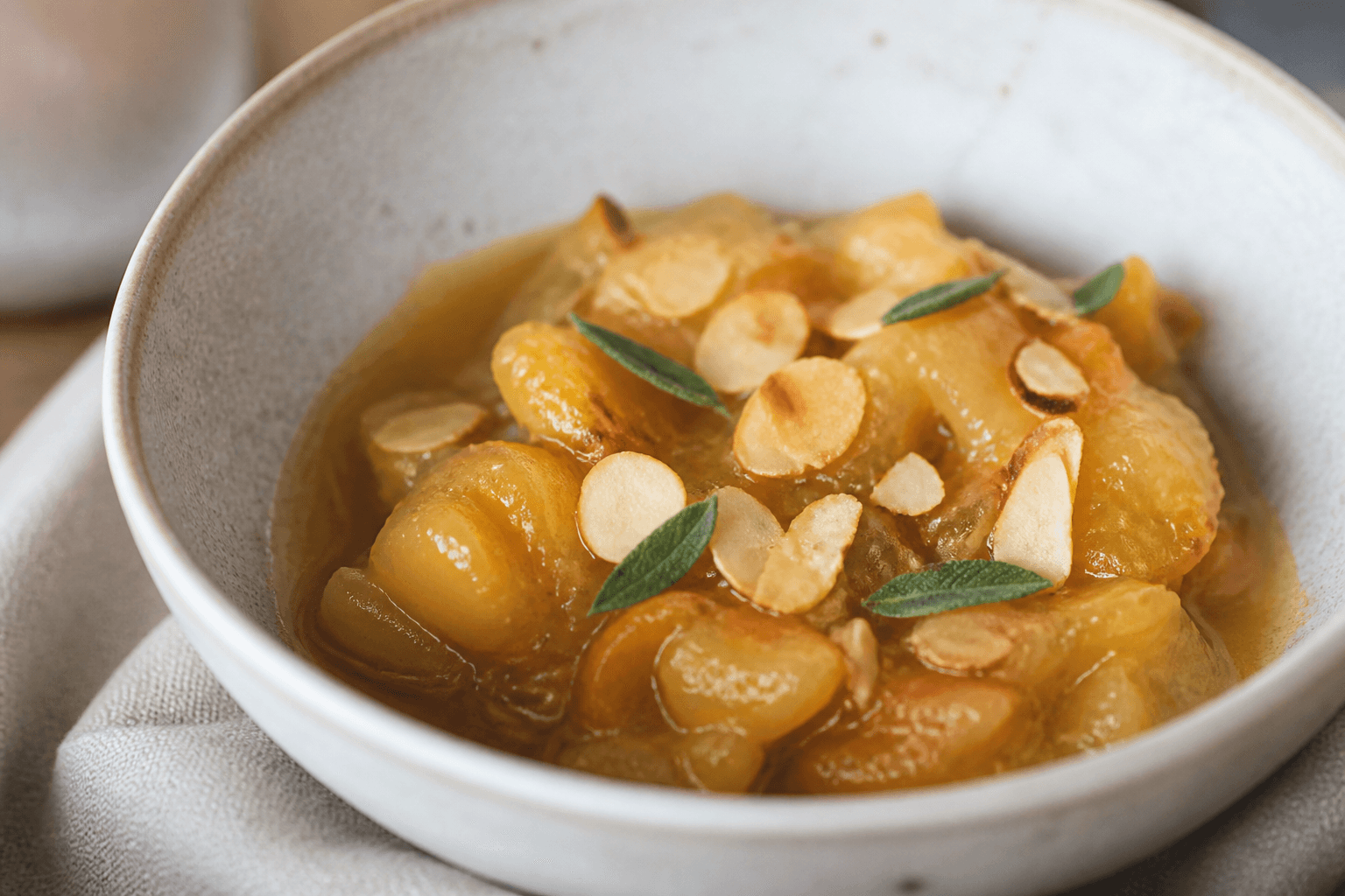 Compotée de mirabelle à la verveine et amande effilée, plat terminé présenté naturellement