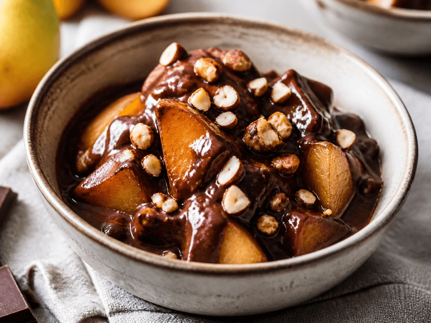 Compotée de poire au chocolat noir et amande, plat terminé présenté naturellement