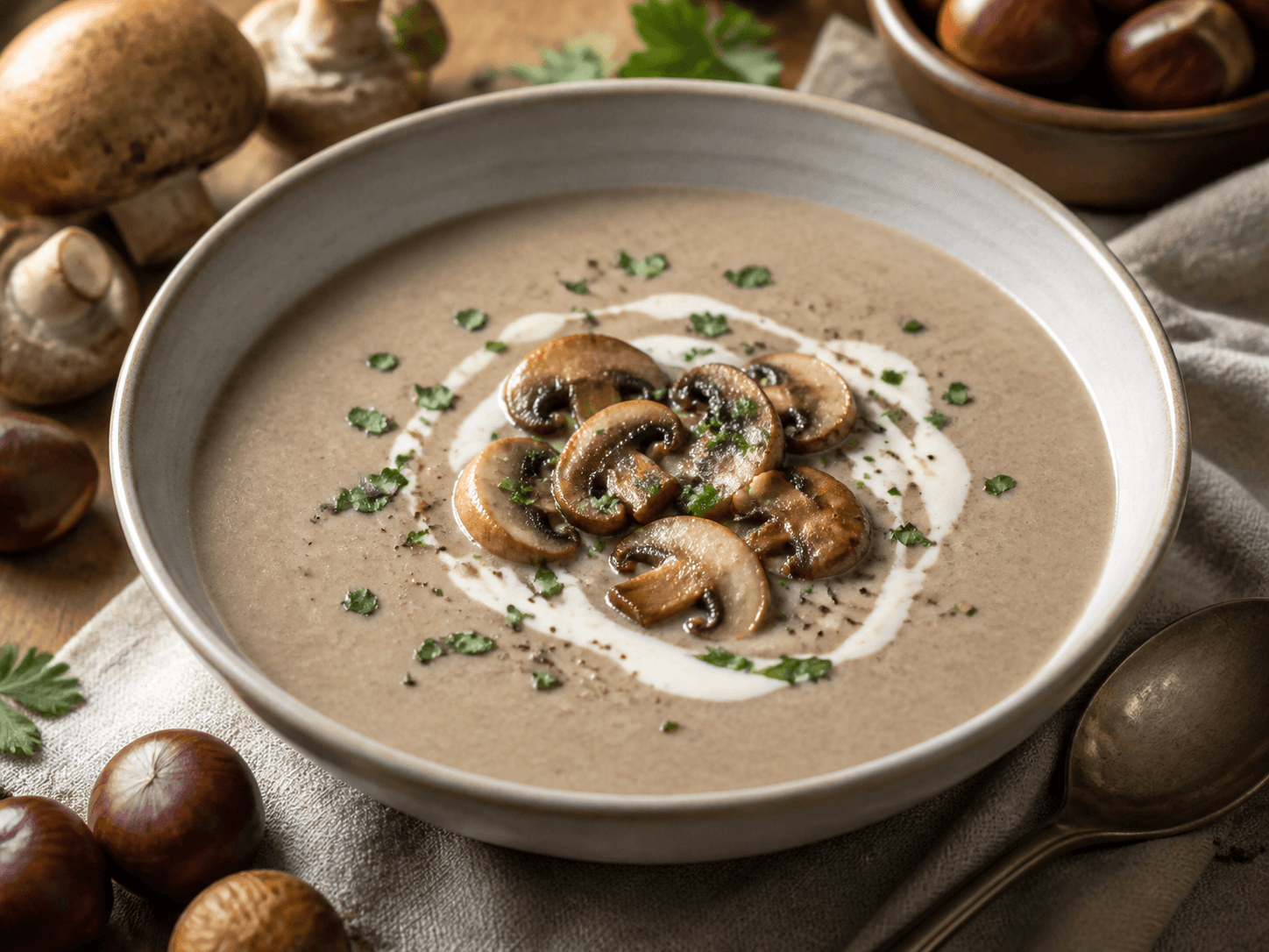 Crème de champignons et châtaignes, plat terminé présenté naturellement