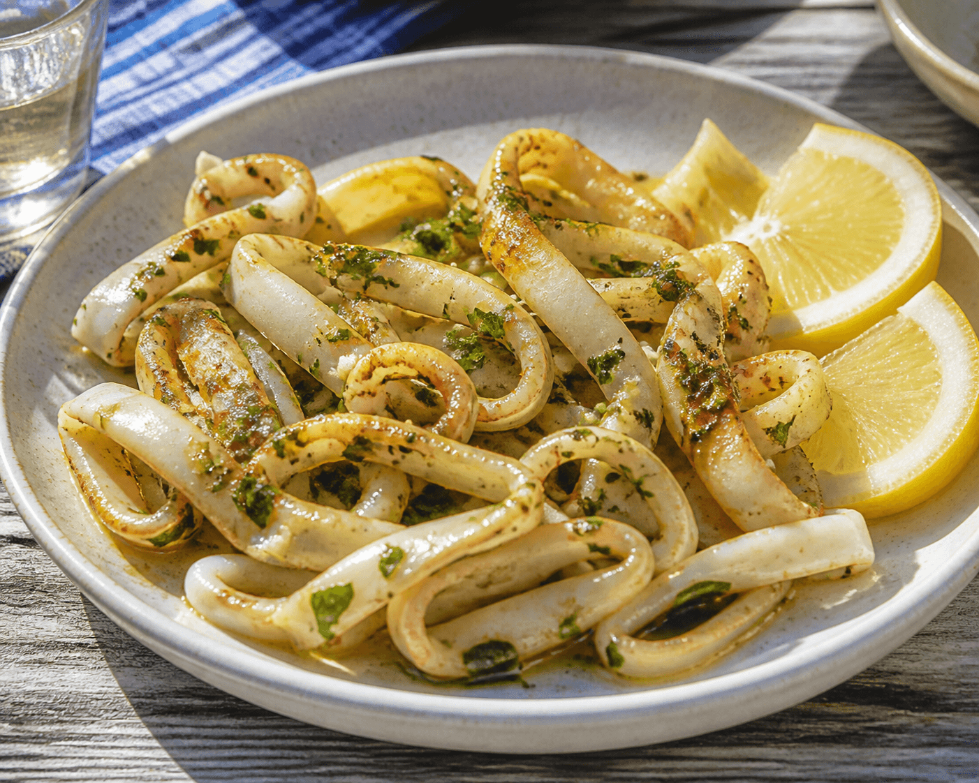 Encornets sautés à l'ail, persil et piment doux, plat terminé photographié avec les ingrédients principaux de la recette