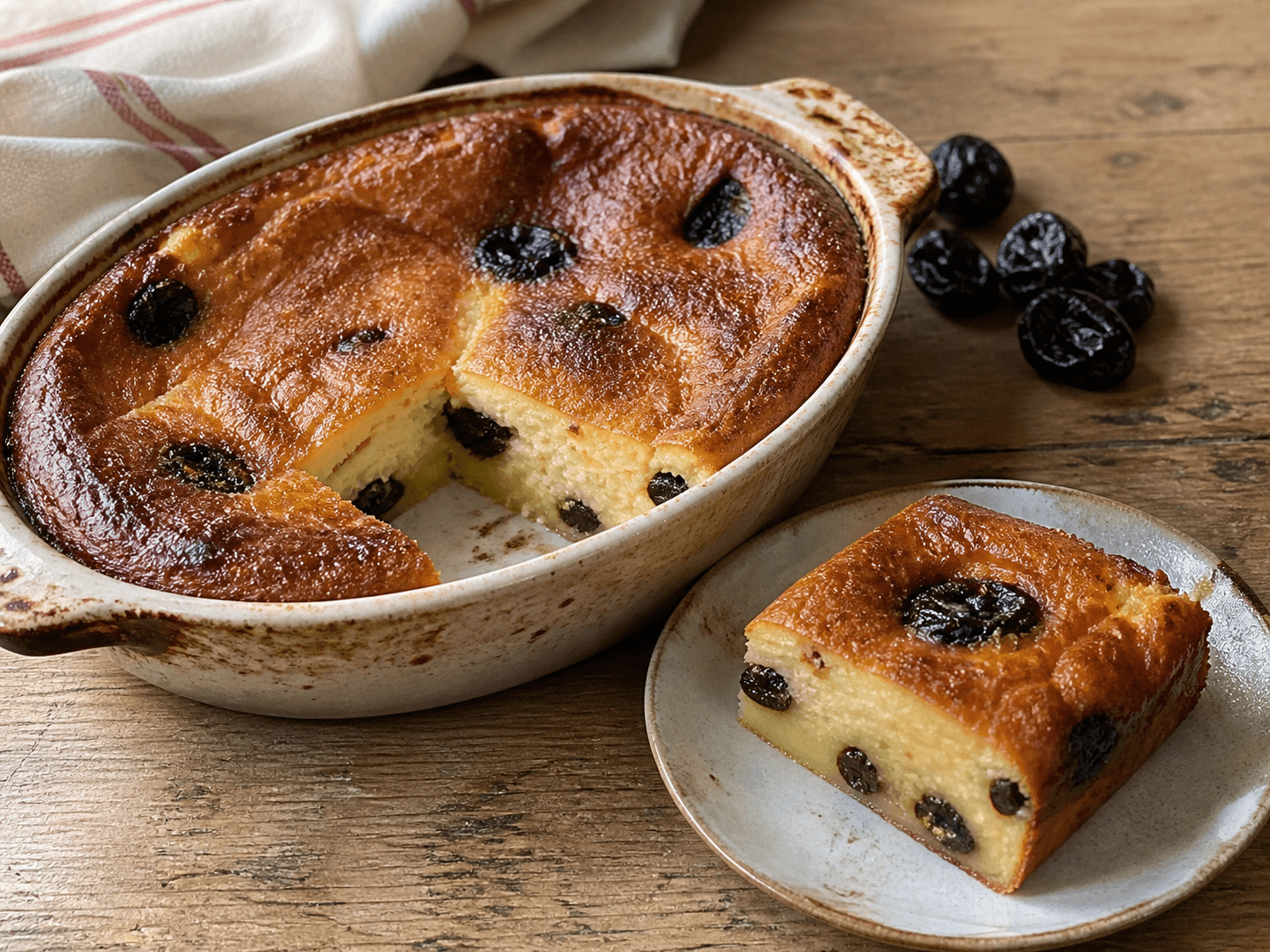 Far breton aux pruneaux et rhum, plat terminé présenté naturellement