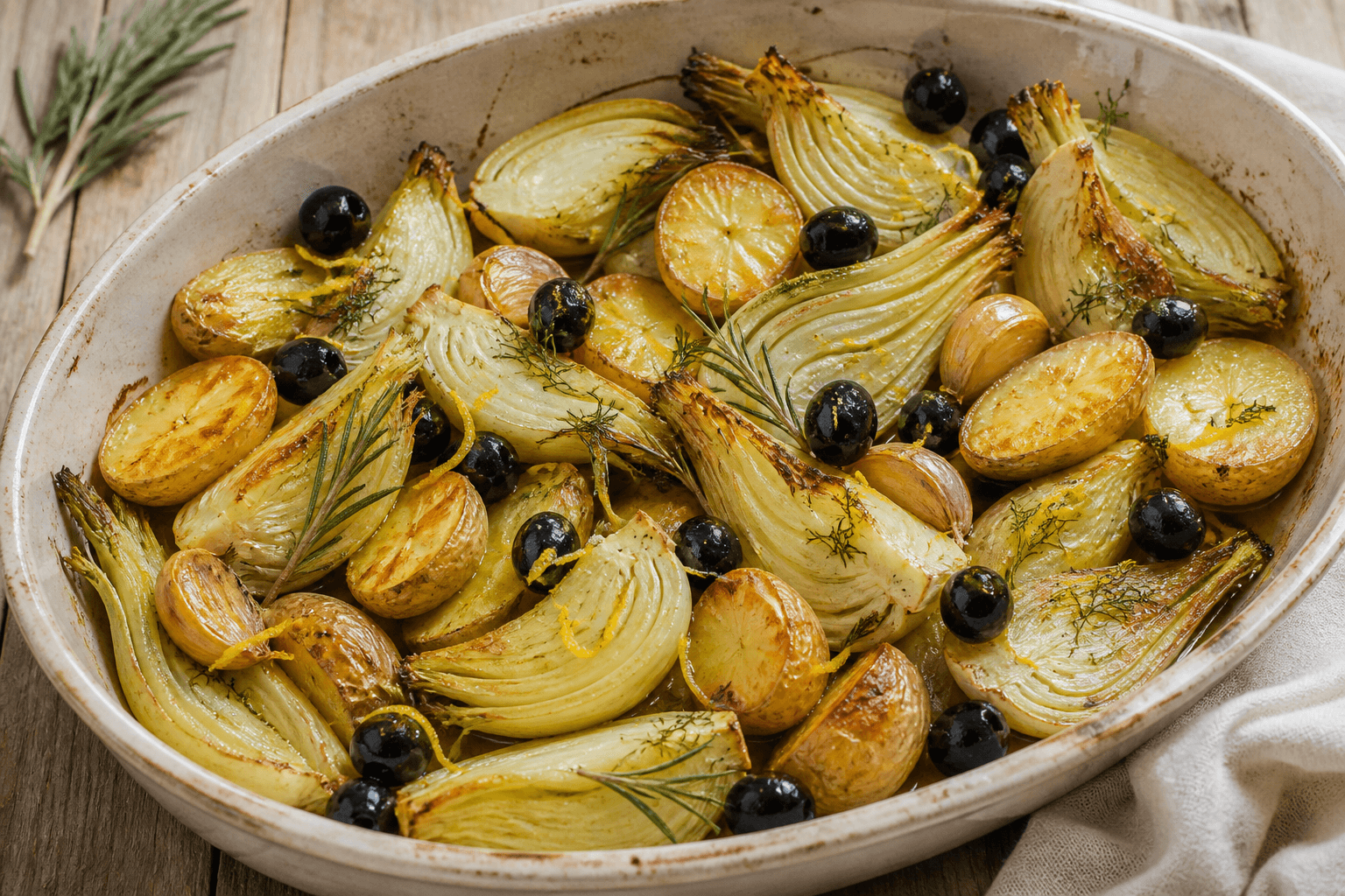 Fenouil et pommes de terre aux olives au four, plat terminé présenté naturellement