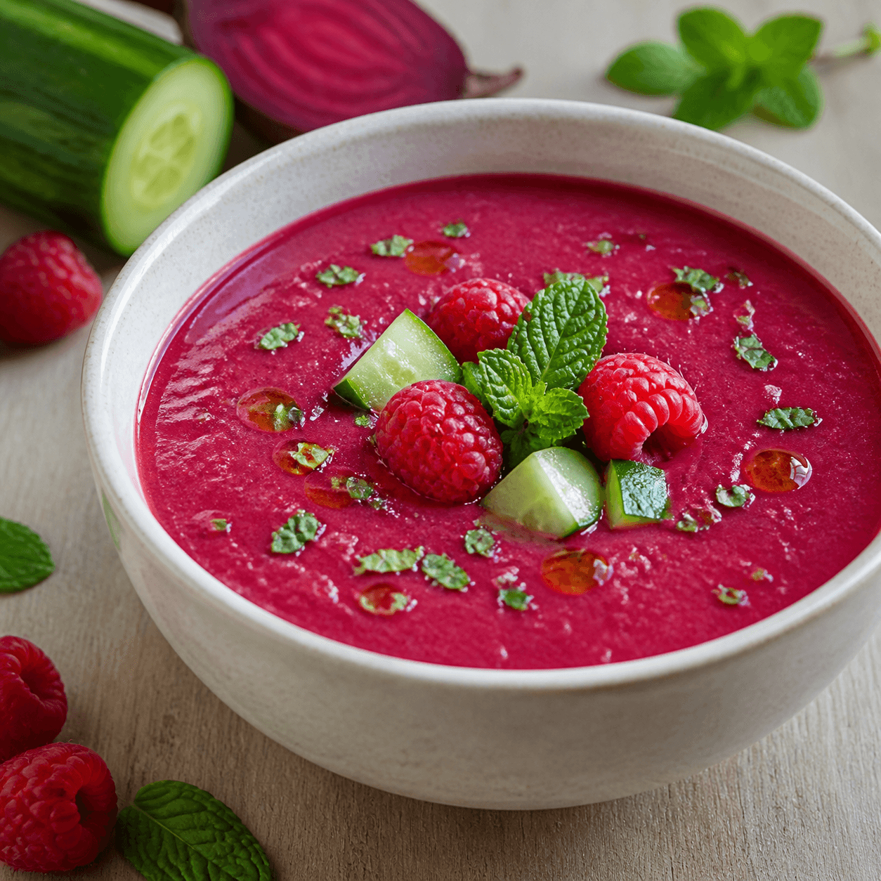 Gaspacho de betterave, framboise et menthe, plat terminé présenté naturellement