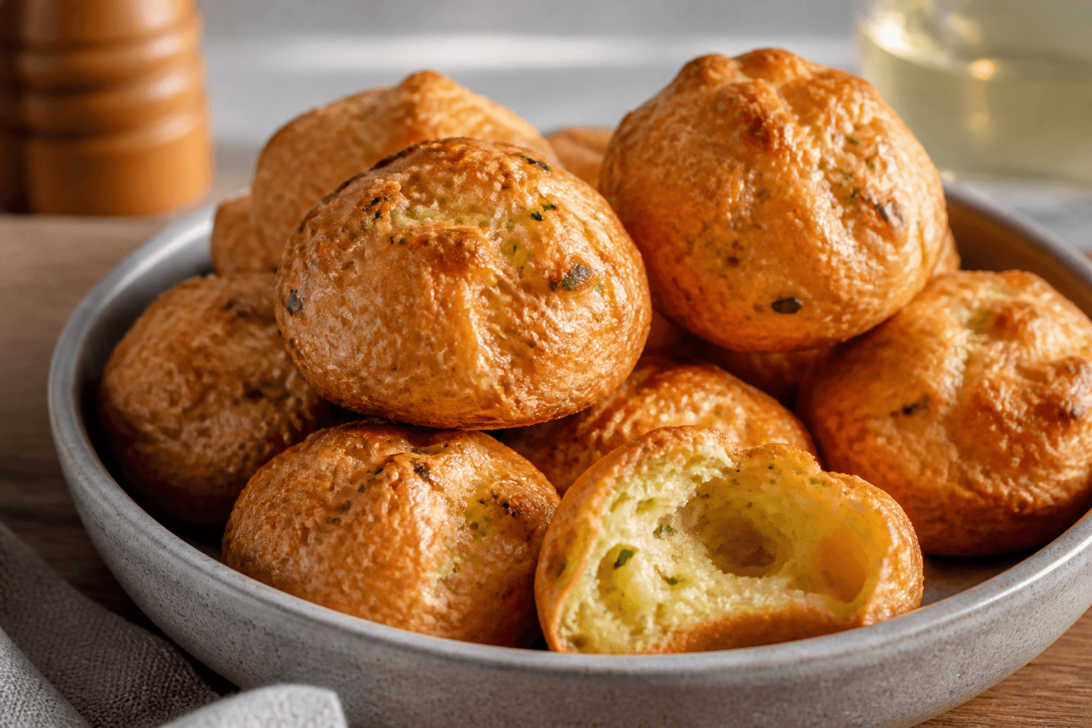 Gougères au comté et ciboulette, plat terminé présenté naturellement