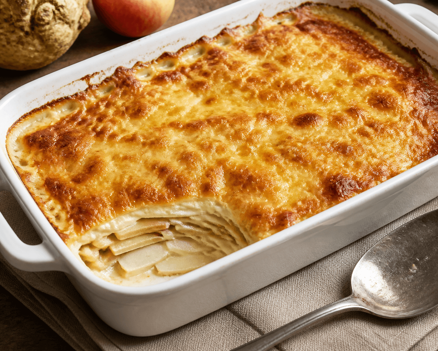 Gratin de céleri-rave, pommes et comté, plat terminé présenté naturellement