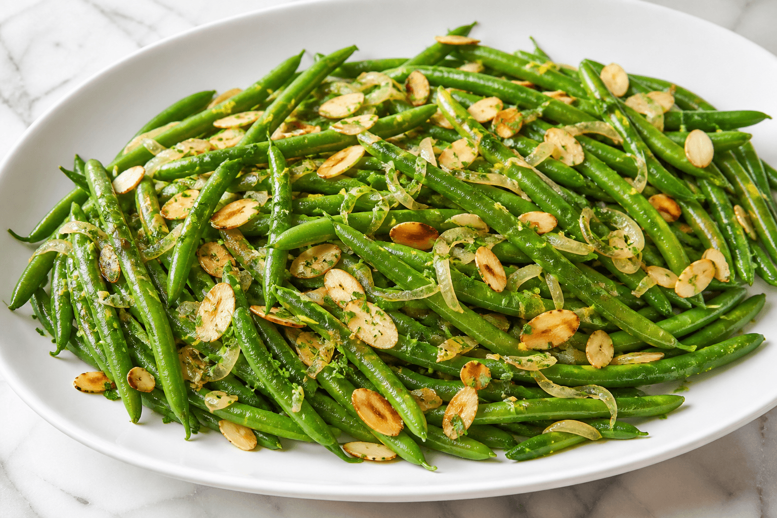 Haricots verts aux amandes et échalotes, plat terminé photographié avec les ingrédients principaux visibles