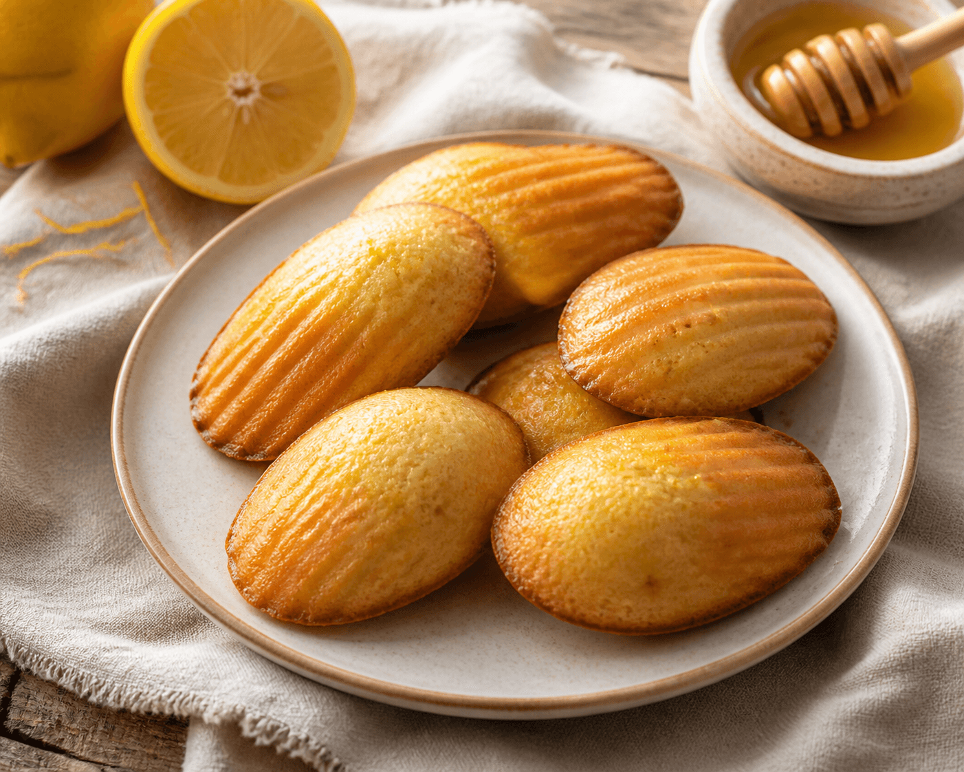 Madeleines au citron et miel, plat terminé présenté naturellement