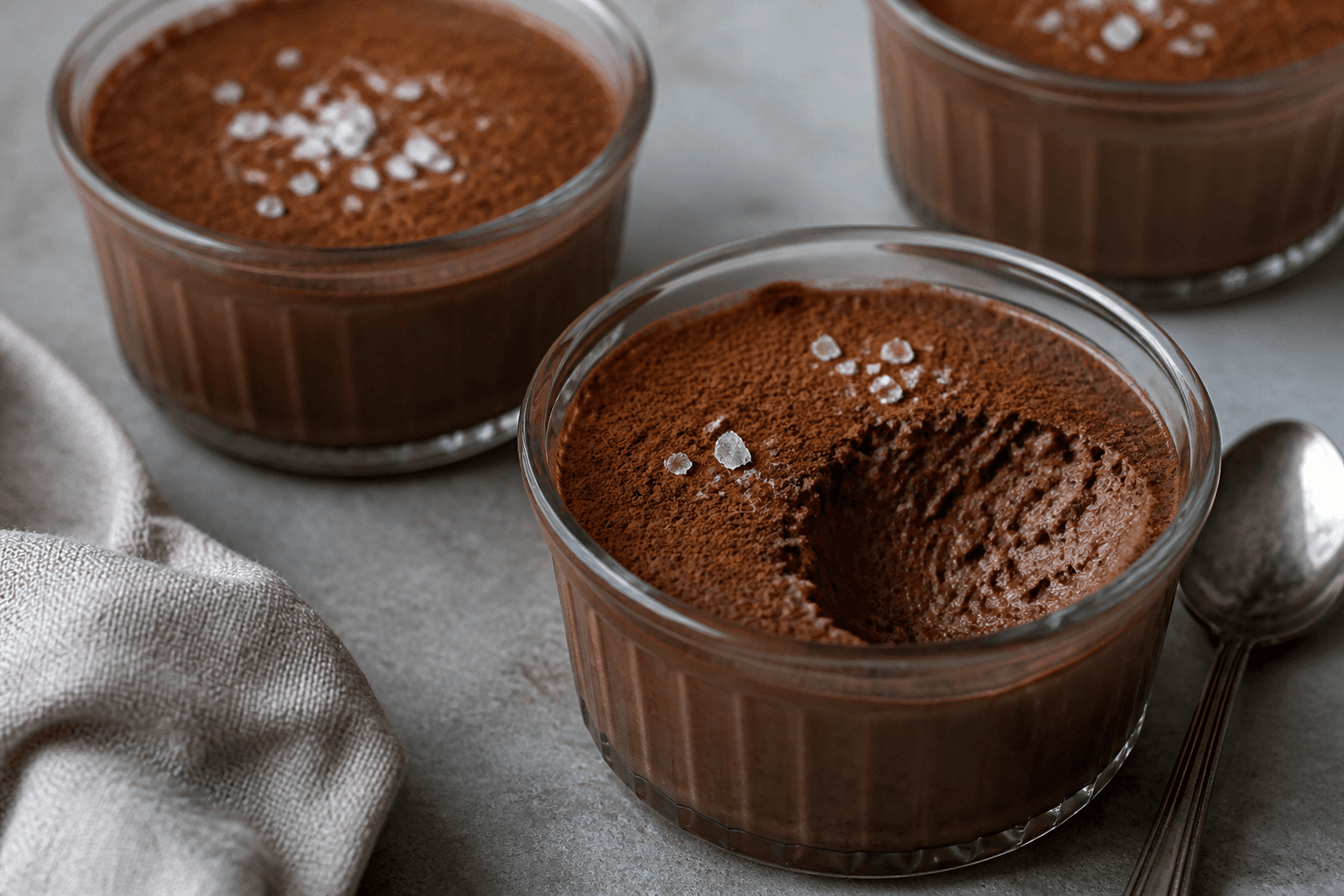 Mousse au chocolat noir et fleur de sel, plat terminé présenté naturellement