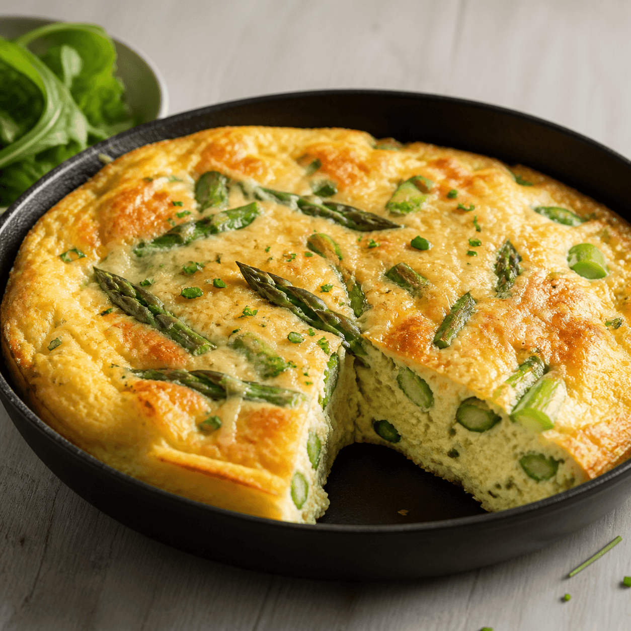 Omelette soufflée aux asperges et comté, plat terminé présenté naturellement