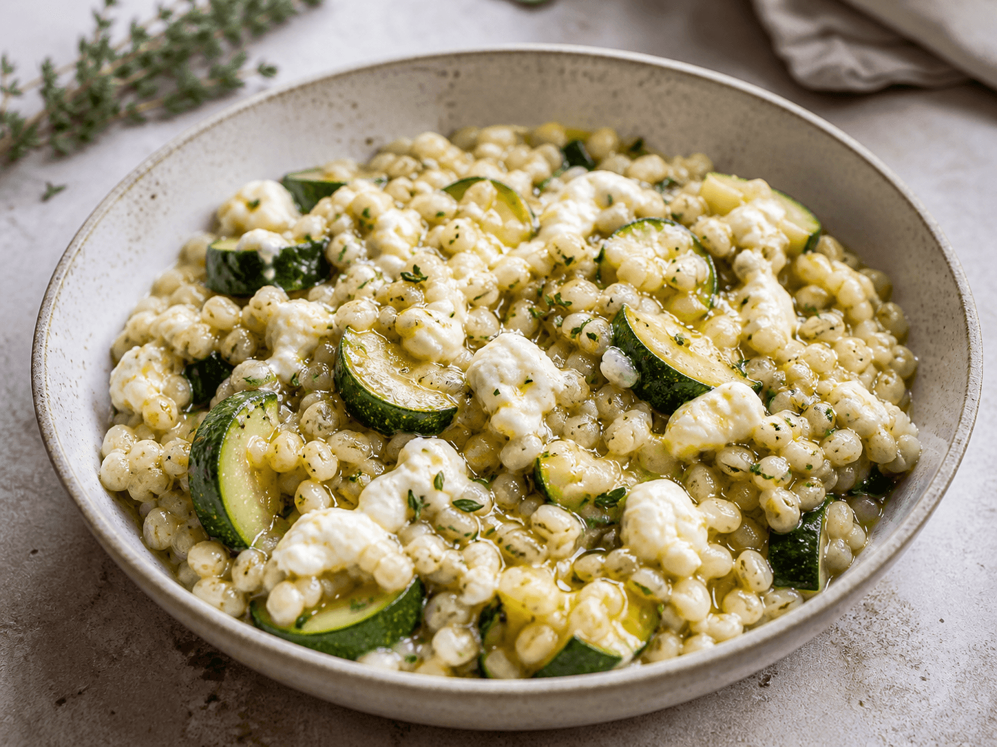 Orge perlé aux courgettes, chèvre et thym, plat terminé présenté naturellement