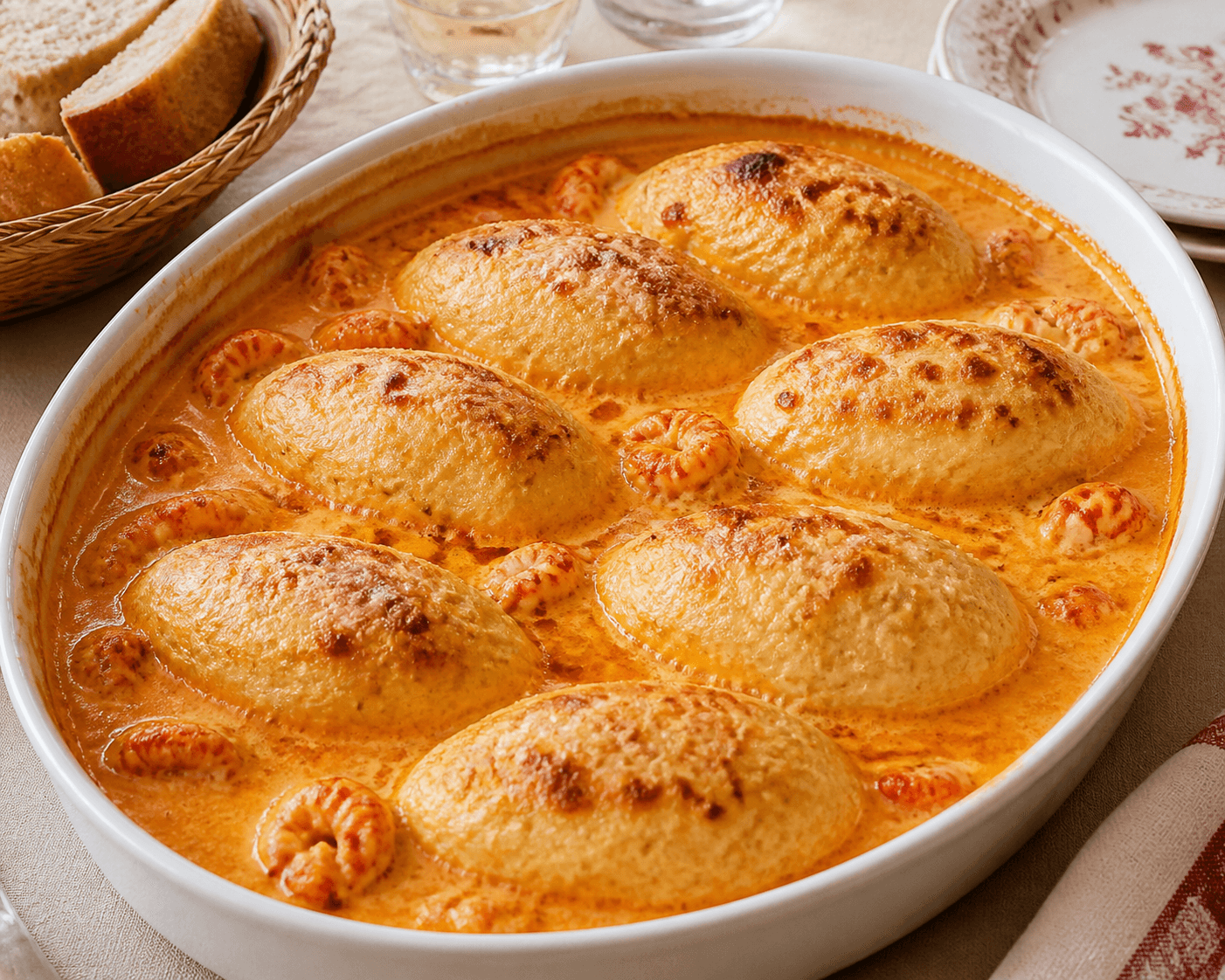 Quenelles de brochet sauce nantua, plat terminé présenté naturellement