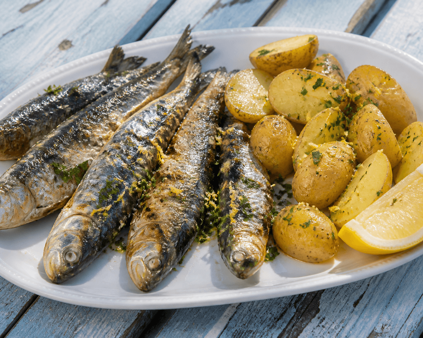 Sardines grillées au citron et pommes grenaille, plat terminé présenté naturellement