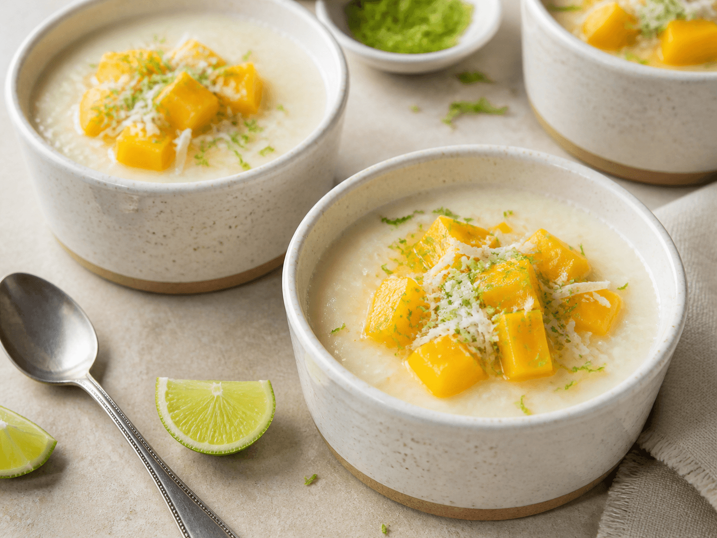 Semoule au lait de coco, mangue et citron vert, plat terminé présenté naturellement