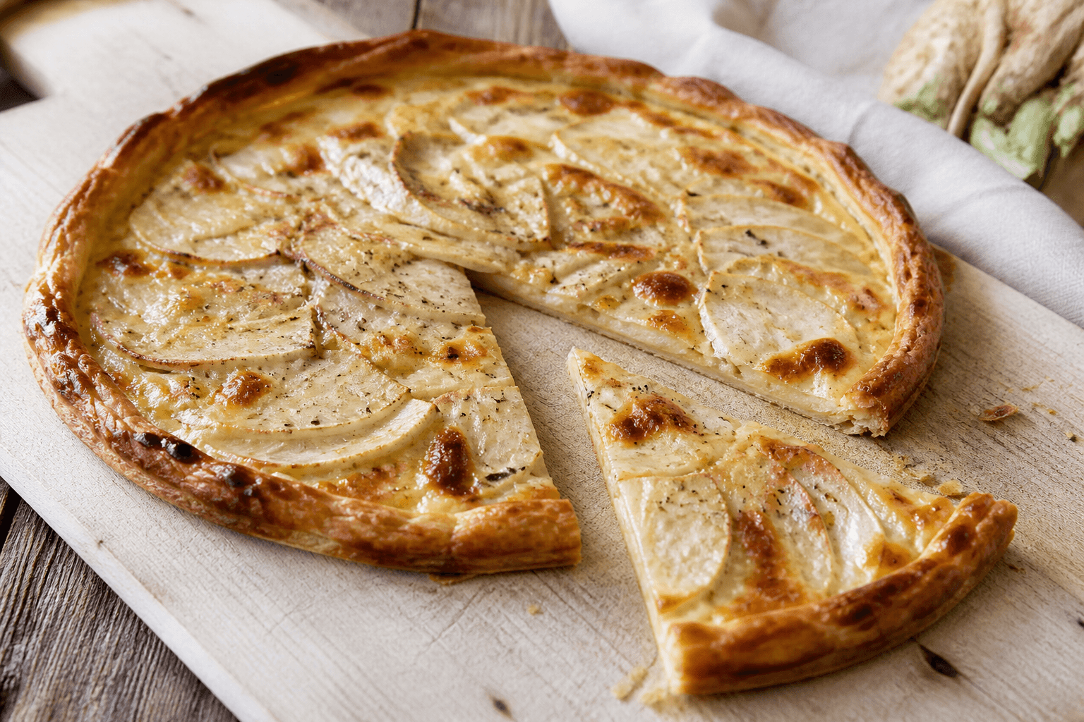 Tarte fine au céleri-rave, tomme de montagne et moutarde douce, plat terminé présenté naturellement