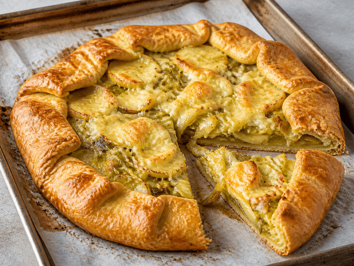 Tarte rustique aux poireaux et reblochon, plat terminé présenté naturellement