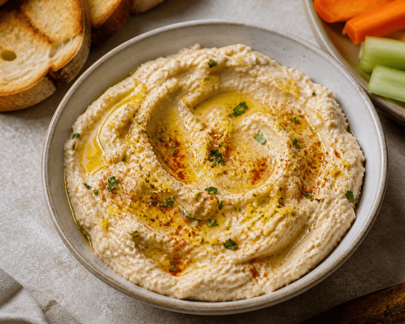 Tartinade de haricots blancs à l'ail rôti et citron, plat terminé présenté naturellement