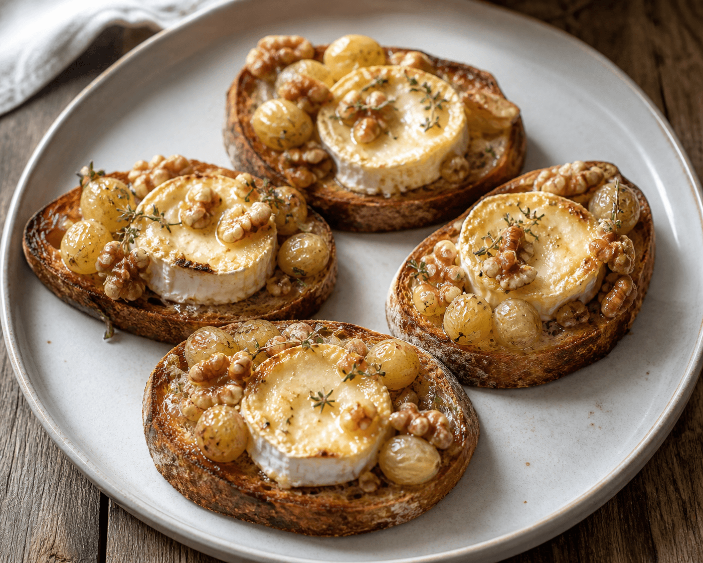 Tartines de chèvre chaud, raisins et noix, plat terminé présenté naturellement
